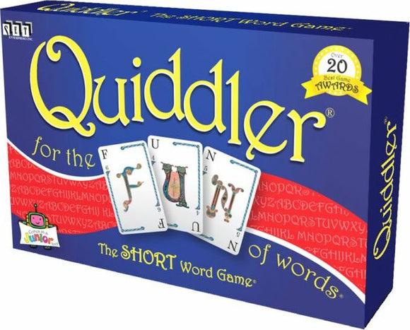 Quiddler box featuring the title and description for the game. The game is illustrated with colorful cards displaying the word 'FUN'. Quiddler is known as a short word game and has won over 20 awards.