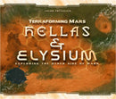 The cover of the board game 'Terraforming Mars: Hellas & Elysium' depicts a stunning view of Mars with an orange and brown terrain. The title is prominently displayed in bold text, emphasizing 'Hellas & Elysium' and inviting players to explore the other side of Mars. The background features hexagonal patterns that suggest a strategic gameplay element, enhancing the game's futuristic theme.