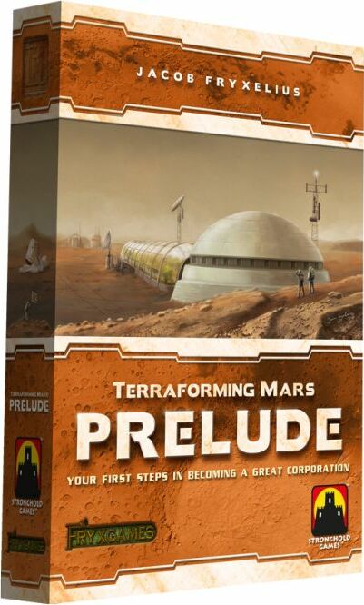 The box of Terraforming Mars: Prelude, a strategy board game by Stronghold Games. The cover features a futuristic Martian landscape with a habitat dome and various structures, highlighted with the title 'Prelude' prominently displayed in bold letters. The overall design reflects themes of space exploration and corporate strategy.