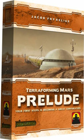 The box of Terraforming Mars: Prelude, a strategy board game by Stronghold Games. The cover features a futuristic Martian landscape with a habitat dome and various structures, highlighted with the title 'Prelude' prominently displayed in bold letters. The overall design reflects themes of space exploration and corporate strategy.