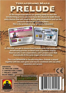 Back cover of the game Terraforming Mars: Prelude featuring descriptions of gameplay mechanics, including Prelude cards, project cards, and corporate options. The design showcases the game's thematic focus on terraforming Mars, with visuals highlighting key elements like the 'Supplier' and 'Point Luna' cards, along with an overview of game contents including rule sheets and expansion compatibility.