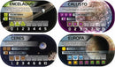 Product image for 'Terraforming Mars: Colonies' by Stronghold Games featuring various celestial bodies including Enceladus, Callisto, Ceres, and Europa. Each body is displayed with visuals highlighting their unique colony bonuses and trade income potential, emphasizing strategic expansion in the game.