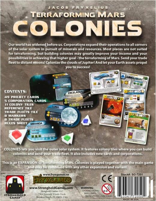 Back cover of Terraforming Mars: Colonies game by Stronghold Games. The image displays game contents including project cards, corporation cards, colony tiles, trade fleets, and game rules. A summary of the game's theme about expanding operations into the solar system and colonizing planets is highlighted. The design features various graphics representing game elements and gameplay.