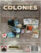 The back of the board game box for Terraforming Mars: Colonies by Stronghold Games, showcasing various game components, including cards, tokens, and a detailed description of gameplay instructions and objectives. The design features space-themed graphics and a sophisticated layout that highlights the game's features.