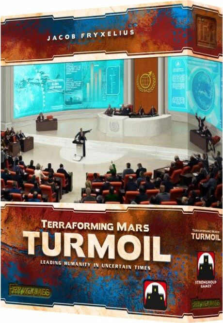 The board game 'Terraforming Mars: Turmoil' by Stronghold Games is featured in the image. The box cover showcases a futuristic council chamber with leading representatives discussing strategy and innovation, portraying the theme of guiding humanity in challenging times. The vibrant artwork depicts advanced technology and a collaborative atmosphere, inviting players to engage in strategic gameplay.