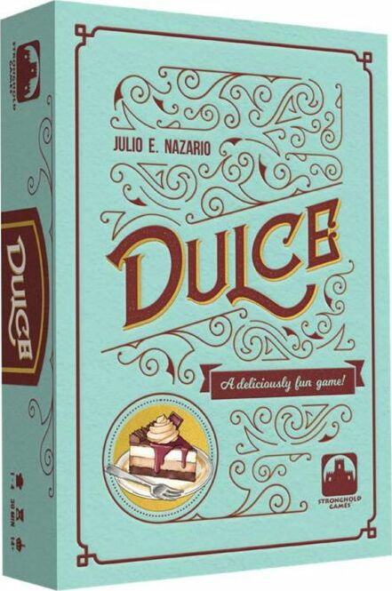 The packaging of the game 'Dulce' by Stronghold Games, featuring an illustrated design with whimsical swirls and a dessert image on the front. The title 'Dulce' is prominently displayed in bold, playful lettering, signaling an engaging, deliciously fun game experience. Ideal for friends and family gatherings.