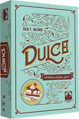The packaging of the game 'Dulce' by Stronghold Games, featuring an illustrated design with whimsical swirls and a dessert image on the front. The title 'Dulce' is prominently displayed in bold, playful lettering, signaling an engaging, deliciously fun game experience. Ideal for friends and family gatherings.
