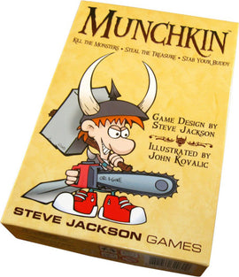 Munchkin board game box designed by Steve Jackson, featuring whimsical art by John Kovalic. The cover showcases a cartoon character with horns, wielding a chainsaw, alongside text that reads 'Kill the Monsters - Steal the Treasure - Stab Your Buddy.' The box is brightly colored, appealing to gamers.
