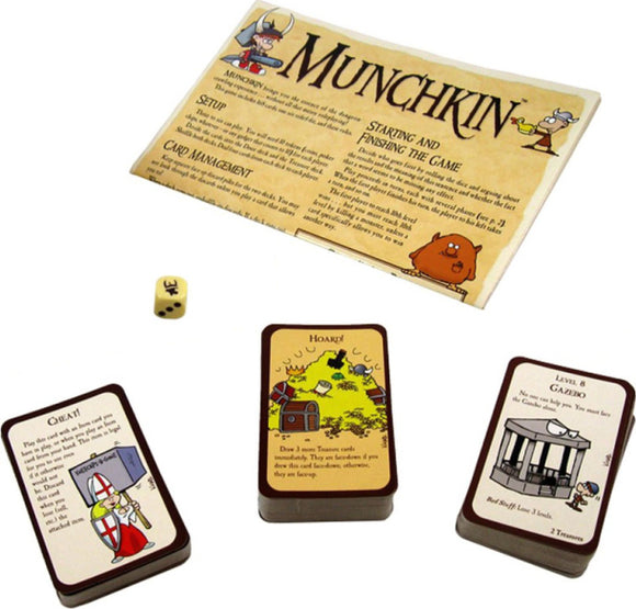 Munchkin game components including a rule sheet, a six-sided die, and three cards depicting characters and gameplay mechanics. The game emphasizes humorous role-playing and strategic gameplay.
