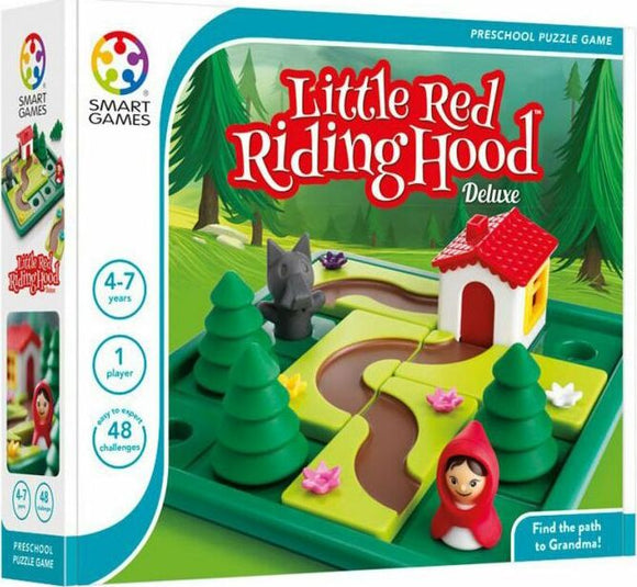 Little Red Riding Hood Deluxe by SmartGames is a mechanical puzzle featuring a vibrant forest scene. The game includes a Little Red Riding Hood character, a wolf, a house, and multiple green trees, with winding paths to navigate. Suitable for children ages 4 to 7, it offers 48 challenges to help kids develop problem-solving skills while they find the path to Grandma's house.