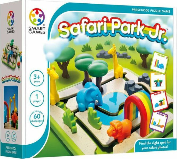 The Safari Park Jr. puzzle by Smart Toys & Games features vibrant, colorful animal figurines including giraffes, an elephant, and a lion. The 3D puzzle includes various elements like trees and a rainbow, designed for preschoolers aged 3 and up. It offers 60 challenges and is intended for solitary play, enhancing problem-solving and cognitive skills while providing fun.