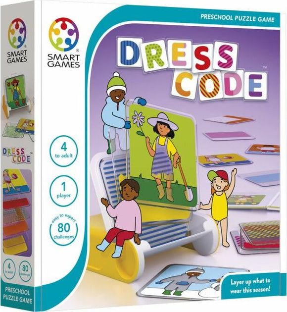 Dress Code by Smart Toys & Games is a colorful mechanical puzzle designed for ages 4 to adult. The game includes layered challenge cards featuring children dressed for different weather conditions and activities. It promotes problem-solving and creativity with 80 unique challenges for solo play, making it perfect for preschool learning and fun.