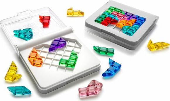 IQ Love by Smart Toys & Games is a colorful mechanical puzzle. The image shows two white puzzle cases with transparent, brightly colored geometric pieces scattered around them. The pieces are designed to fit together in various configurations, providing a challenging and engaging experience. The puzzle emphasizes logical thinking and problem-solving skills, appealing to both kids and adults.