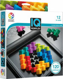 IQ Perplex by Smart Toys & Games is a mechanical puzzle designed for ages 12 and up. The image shows a colorful array of geometric pieces in various shapes, placed on a black puzzle board that highlights one of the 120 challenges available. The vibrant pieces include shades of blue, green, yellow, orange, pink, and purple, designed to fit into a specific arrangement, engaging players in thoughtful problem-solving and spatial awareness skills.