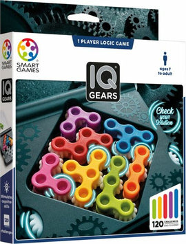IQ Gears by Smart Toys & Games. A colorful mechanical puzzle featuring various interlocking gear pieces, designed for solo play. The puzzle includes 120 challenges ranging from easy to expert levels, promoting cognitive skills for ages 7 and up.