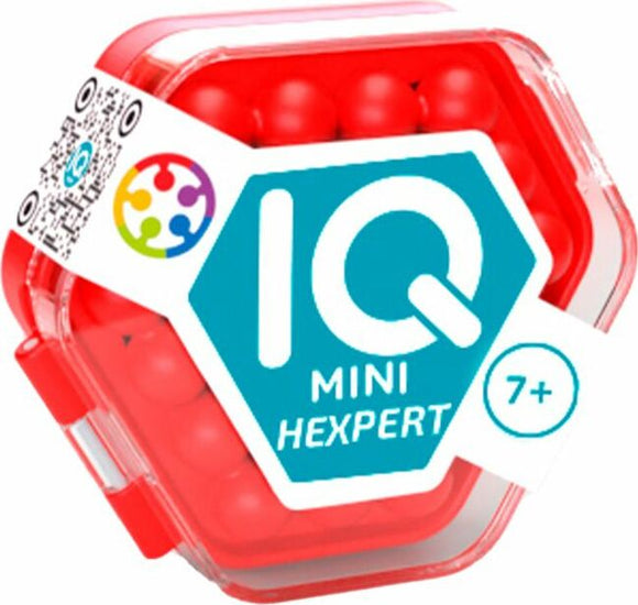 The IQ Mini Hexpert, a mechanical puzzle from Smart Toys & Games, is displayed in assorted colors with a hexagonal design. The product is contained in a transparent red case that showcases colorful balls inside. Suitable for ages 7 and up, it promotes problem-solving skills and provides hours of challenging fun.