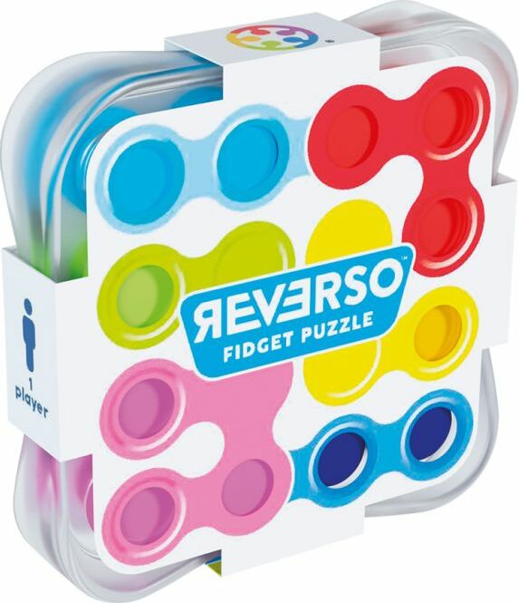 Reverso fidget puzzle by Smart Toys & Games, showcasing a colorful design with an array of spinning elements in shades of pink, blue, green, yellow, and red, packaged in a transparent box, ideal for enhancing focus and dexterity.