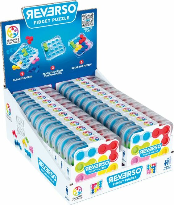 Reverso fidget puzzle by Smart Toys & Games, featuring a display box with multiple individual puzzle units. Each puzzle unit has a colorful grid and variously shaped pieces in red, blue, yellow, and green. Instructions illustrate how to clear the grid, place the starting piece, and solve the puzzle, promoting engaging gameplay that enhances problem-solving skills. Ideal for both kids and adults looking for a fun challenge.