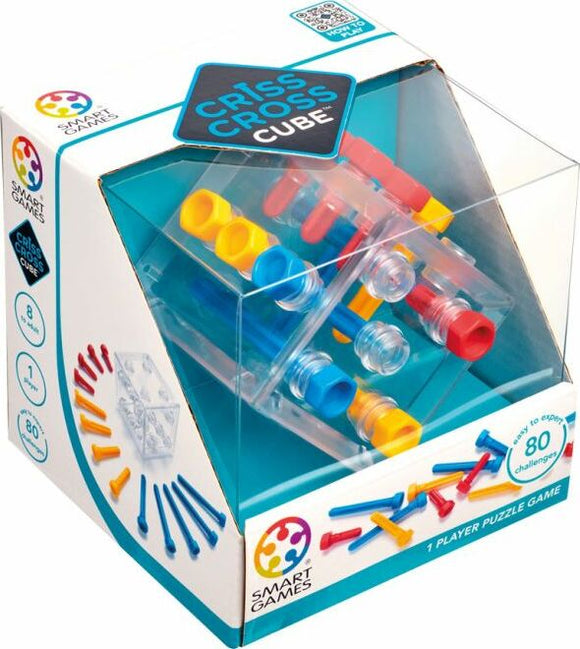 The Criss Cross Cube by Smart Toys & Games is a mechanical puzzle designed for solo play. The packaging showcases vibrant colored pieces including red, yellow, and blue connectors, along with a clear cube. Ideal for enhancing cognitive skills, this engaging puzzle offers 80 unique challenges, inviting users to brainstorm and strategize as they connect and rearrange the pieces.