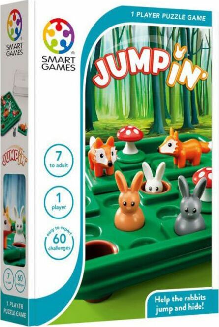 The 'Jump In' game by SmartGames features a vibrant green board with colorful animals, including rabbits, a fox, and mushrooms. Designed for 1 player, it offers 60 unique challenges suitable for ages 7 and up. The packaging showcases a forest theme, emphasizing puzzle-solving and strategic thinking.