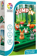 The 'Jump In' game by SmartGames features a vibrant green board with colorful animals, including rabbits, a fox, and mushrooms. Designed for 1 player, it offers 60 unique challenges suitable for ages 7 and up. The packaging showcases a forest theme, emphasizing puzzle-solving and strategic thinking.