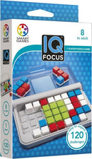 The IQ Focus mechanical puzzle by SmartGames features a compact design with colorful blocks in red, blue, white, and green. It includes a grid with 120 challenges aimed at enhancing cognitive skills. Suitable for ages 8 and up, this single-player game promotes critical thinking and problem-solving.