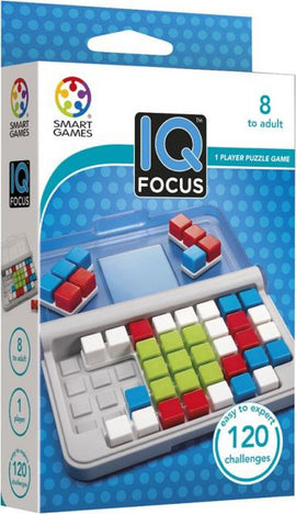 The IQ Focus mechanical puzzle by SmartGames features a compact design with colorful blocks in red, blue, white, and green. It includes a grid with 120 challenges aimed at enhancing cognitive skills. Suitable for ages 8 and up, this single-player game promotes critical thinking and problem-solving.
