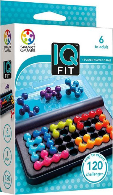 The IQ Fit by SmartGames is a mechanical puzzle game featuring colorful, interlocking pieces in vibrant shades of red, blue, yellow, green, and purple. The box displays a player-friendly interface with various level challenges, making it suitable for ages 6 to adult. It consists of a compact tray for storage and puzzle arrangement, emphasizing engaging brain training through 120 unique challenges designed for solo players.