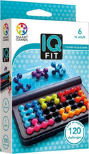 The IQ Fit by SmartGames is a mechanical puzzle game featuring colorful, interlocking pieces in vibrant shades of red, blue, yellow, green, and purple. The box displays a player-friendly interface with various level challenges, making it suitable for ages 6 to adult. It consists of a compact tray for storage and puzzle arrangement, emphasizing engaging brain training through 120 unique challenges designed for solo players.