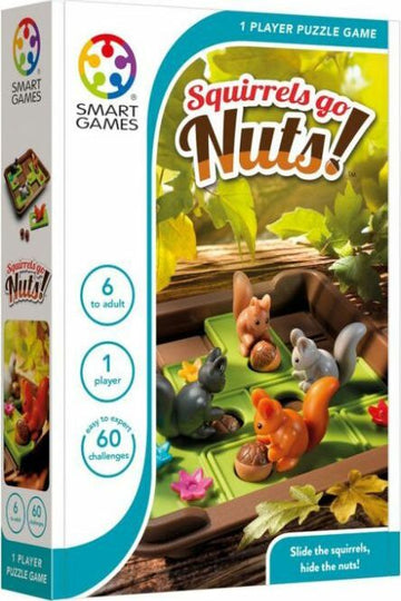 Squirrels Go Nuts is a 1-player mechanical puzzle game by Smart Toys & Games. The packaging showcases colorful squirrel figurines and a challenge board set among lush greenery, inviting players aged 6 and up to engage in 60 unique challenges where they slide the squirrels to hide the nuts.