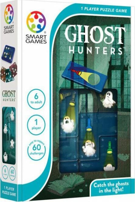 The Ghost Hunters mechanical puzzle by SmartGames features a colorful box design. It includes playful ghost figures and a light-catching mechanism. Suitable for one player aged six and up, the game offers 60 engaging challenges for a fun brain workout.