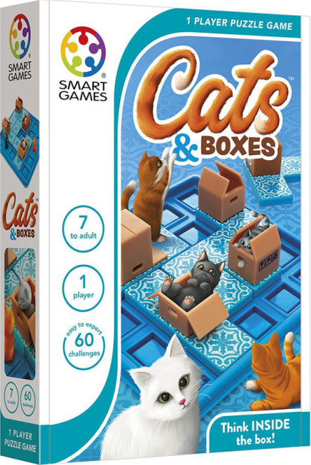 Cats & Boxes is a mechanical puzzle game by Smart Toys & Games designed for 1 player. Featuring playful cats and cardboard boxes on a vibrant blue game board, this engaging puzzle offers 60 challenges suitable for ages 7 and up. The game encourages critical thinking and problem-solving, making it perfect for both kids and adults. The colorful packaging showcases the fun theme and brilliant imagery of the cats interacting with the boxes.