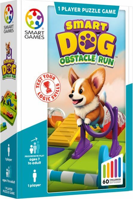 Smart Dog Obstacle Run game by Smart Toys & Games. The packaging features a playful corgi navigating an obstacle course, showcasing vibrant colors and engaging design. It is designed for 1 player and offers 60 challenging puzzles suitable for ages 7 and up, promoting logic skills and problem-solving.