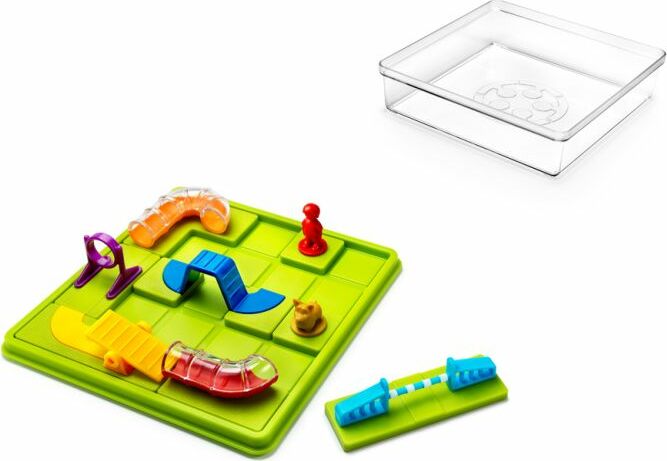 Smart Dog mechanical puzzle by Smart Toys & Games, featuring colorful plastic pieces including caterpillars, ramps, and a dog figure, arranged on a green base. The puzzle includes a transparent storage tray.