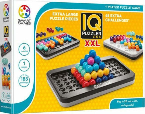 The IQ Puzzler Pro by SmartGames is a mechanical puzzle designed for one player, featuring extra large colorful puzzle pieces. The packaging showcases three different puzzle configurations and highlights 188 challenges, including 68 extra challenges, that can be played in 2D and 3D or diagonally. Suitable for ages 6 and up, this engaging game offers a stimulating experience for puzzle enthusiasts.