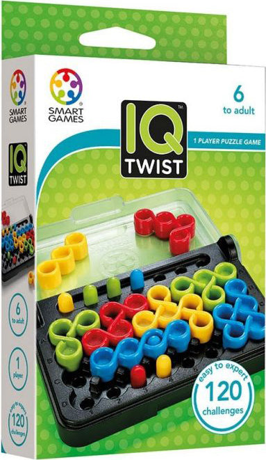The IQ Twist by SmartGames is a mechanical puzzle designed for ages 6 to adult. It features brightly colored plastic pieces in red, blue, yellow, and green, which must be arranged according to different challenge cards. The puzzle comes with a compact storage tray and boasts 120 unique challenges, promoting logical thinking and problem-solving skills. The vibrant packaging highlights its appeal as a solo, engaging activity for puzzle enthusiasts.