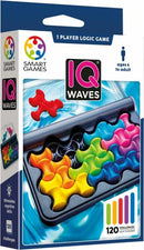 The product packaging of IQ Waves by Smart Toys & Games features a vibrant design with colorful mechanical puzzle pieces arranged in a compact tray. The packaging highlights that it is a 1 player logic game suitable for ages 6 to adult, offering 120 challenges to stimulate cognitive skills.