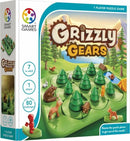 The Grizzly Gears puzzle game by Smart Toys & Games features a colorful box with the title prominently displayed. The gameplay involves arranging forest-themed pieces, including cute animal figures like bears, deer, and various green trees on a vibrant landscape. It is designed for 1 player aged 7 and up, with 80 challenges that encourage logical thinking and spatial awareness.