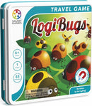 LogiBugs by Smart Toys & Games is a mechanical travel game featuring colorful magnetic bug pieces on a green background. The packaging highlights its target age group of 6+ years, indicates that it's for one player, and features 48 engaging challenges, making it perfect for stimulating logical thinking and problem-solving skills.