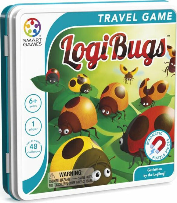 LogiBugs by Smart Toys & Games is a mechanical travel game featuring colorful magnetic bug pieces on a green background. The packaging highlights its target age group of 6+ years, indicates that it's for one player, and features 48 engaging challenges, making it perfect for stimulating logical thinking and problem-solving skills.