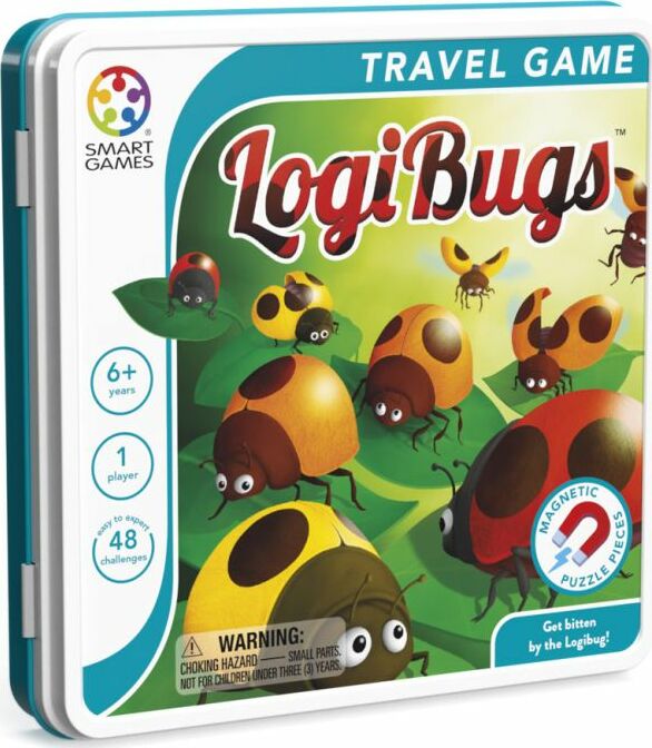 LogiBugs by Smart Toys & Games is a mechanical travel game featuring colorful magnetic bug pieces on a green background. The packaging highlights its target age group of 6+ years, indicates that it's for one player, and features 48 engaging challenges, making it perfect for stimulating logical thinking and problem-solving skills.