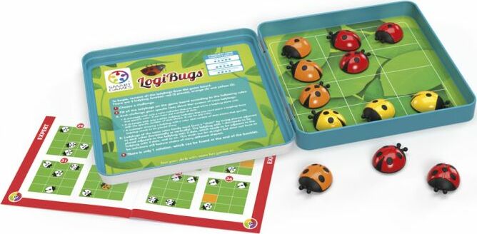 LogiBugs mechanical puzzle by Smart Toys & Games, featuring colorful ladybug pieces on a green game board inside a blue tin. Includes a booklet with game instructions and challenges.