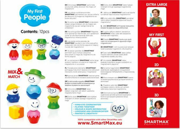 SMARTMAX My First People DIY kit featuring 12 colorful, large pieces designed for toddlers. The kit includes mix-and-match characters that promote fine motor skills, imaginative play, and creativity, ideal for young children to explore and learn through hands-on experience.