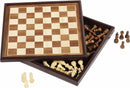 Deluxe Wooden Chess and Checkers set by Spinmaster featuring a beautifully crafted wooden game board. The board displays an alternating light and dark wood pattern, with chess pieces neatly stored in an elegant box beneath. The chess pieces include both light and dark wooden designs, alongside checkers. Perfect for game nights and strategy enthusiasts.