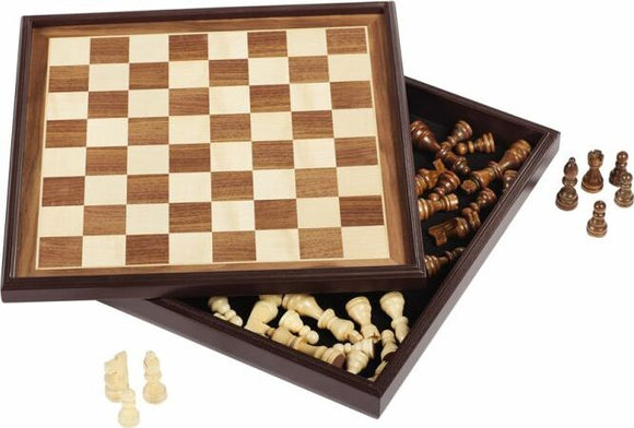 Deluxe Wooden Chess and Checkers set by Spinmaster featuring a beautifully crafted wooden game board. The board displays an alternating light and dark wood pattern, with chess pieces neatly stored in an elegant box beneath. The chess pieces include both light and dark wooden designs, alongside checkers. Perfect for game nights and strategy enthusiasts.