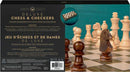 Deluxe Wooden Chess and Checkers game set featuring a folding gameboard and solid wood playing pieces. The image shows an elegant design with various chess pieces like a knight, rook, and pawns, set against a wooden gameboard. Ideal for family game nights or competitive play.