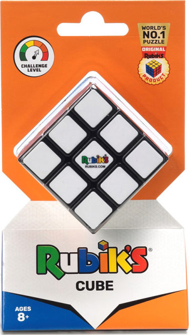 Rubik's Cube - 3x3 by Spin Master, a classic 3D mechanical puzzle featuring a colorful design with a white base. Suitable for ages 8 and up, it challenges players to align colors and enhance spatial reasoning skills.