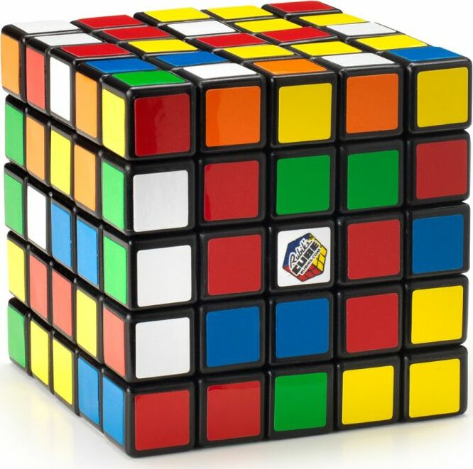 A detailed view of the Rubik's Professor 5x5 Cube, a mechanical puzzle featuring a colorful arrangement of squares in red, blue, green, yellow, orange, and white. The cube is designed for challenging gameplay and problem-solving fun, showcasing its classic black frame and a logo at the center.