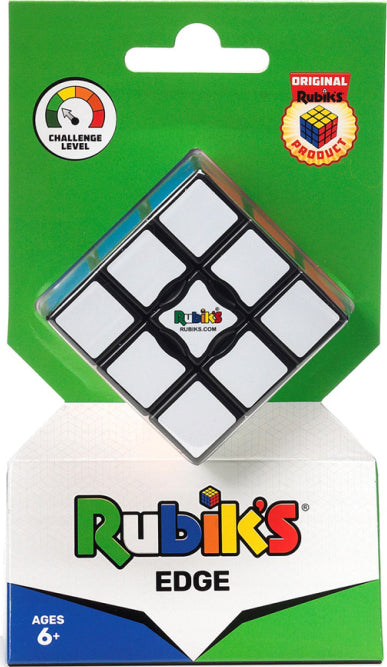 Rubik's 3x1 Edge mechanical puzzle by Spin Master, displayed in packaging with a challenge level indicator. The puzzle has a black frame with white tiles, designed for ages 6 and up. Ideal for cognitive development and problem-solving skills.