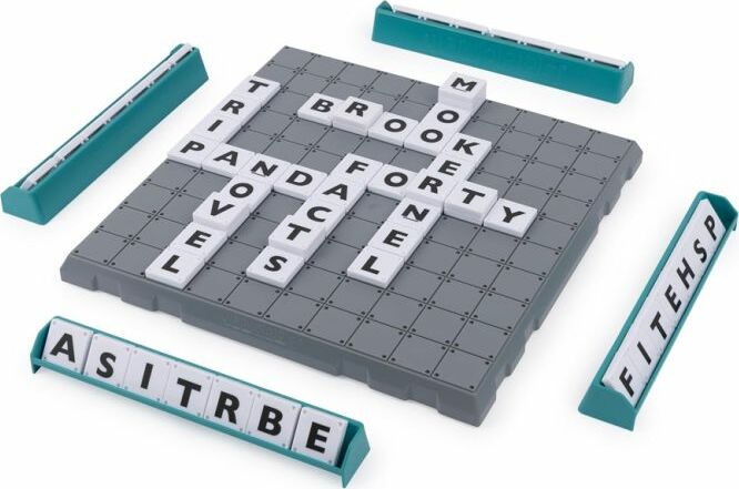 Colorful game board of Upwords by Hasbro showing letters stacked on a gray grid. Includes letter tiles neatly organized on the sides, ready for play. The game combines strategy and word-building fun, ideal for family game night.